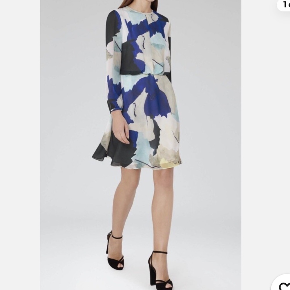 REISS Neave Long Sleeve Watercolour Print Dress Size 0 Blue Green